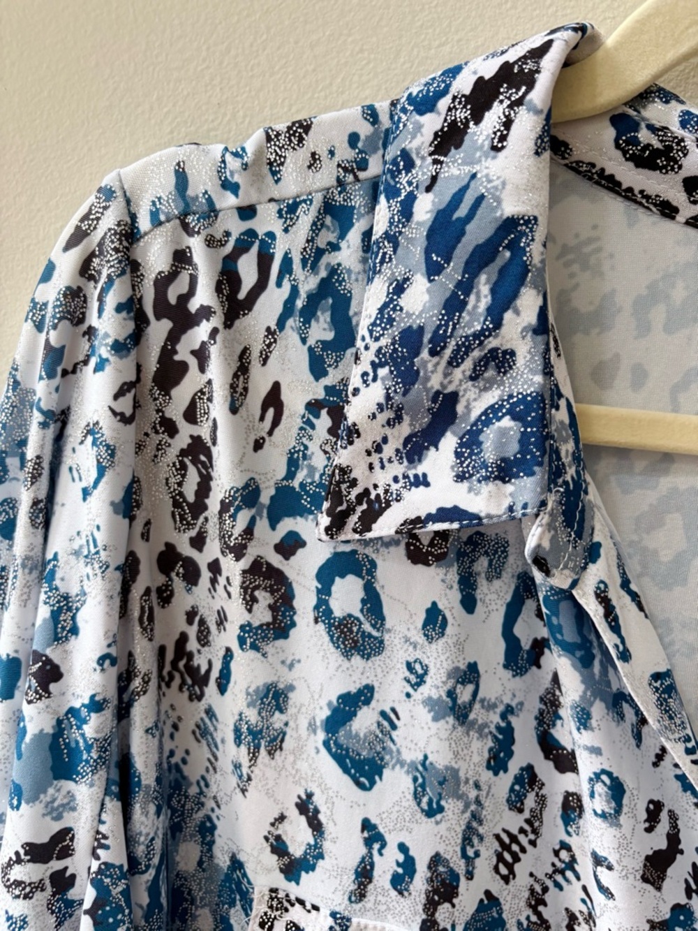 White and Blue Animal Print Button-Front Shirt